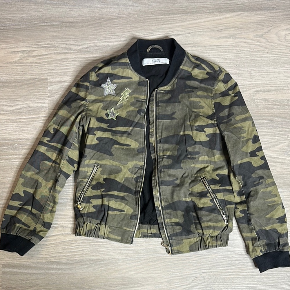 Zara Camouflage Bomber Jacket with Patches